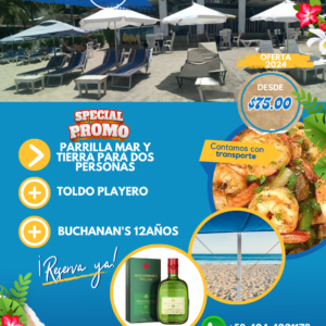 Toldo de Playero, Parrilla Mar y Tierra Para dos Personas más Buchanan’s 12años