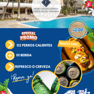 Dos Perros Calientes más Bebida Refresco o Ceveza por 5 Dolares