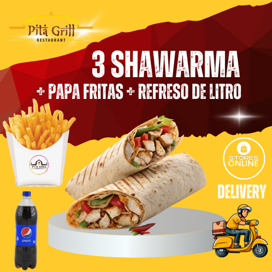 3 SHAWARMA + PAPA FRITAS + REFRESO DE LITRO